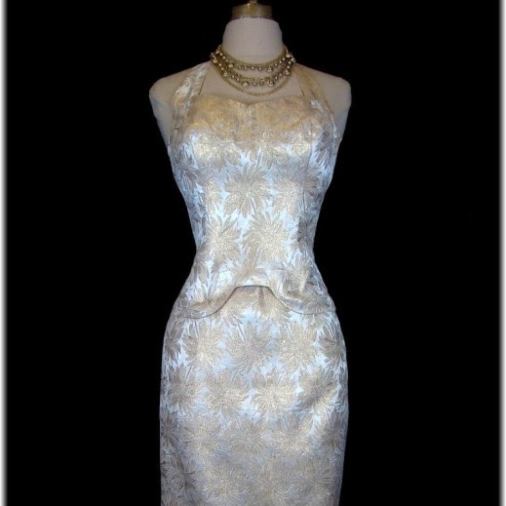 Vintage 1960s Alix of Miami Gold Brocade Two Piece Cocktail Dress, Size 6